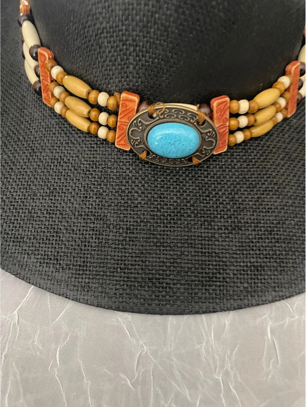 WESTERN TURQUOISE ACCENT WOOD BAND TRIM COWBOY HAT